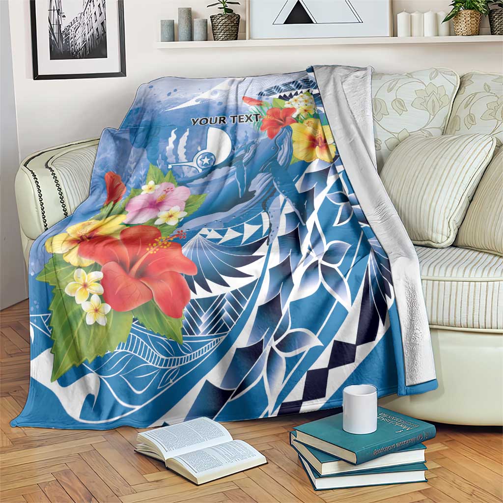 Personalised Yap States Humpback Whale Blanket Polynesian Tropical Flowers LT9 Blue - Polynesian Pride