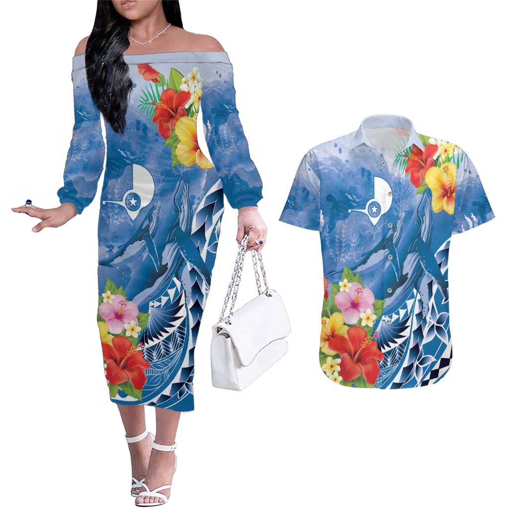 Personalised Yap States Humpback Whale Couples Matching Off The Shoulder Long Sleeve Dress and Hawaiian Shirt Polynesian Tropical Flowers