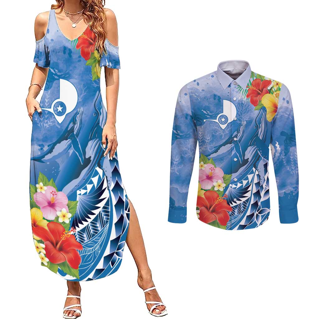 Personalised Yap States Humpback Whale Couples Matching Summer Maxi Dress and Long Sleeve Button Shirt Polynesian Tropical Flowers