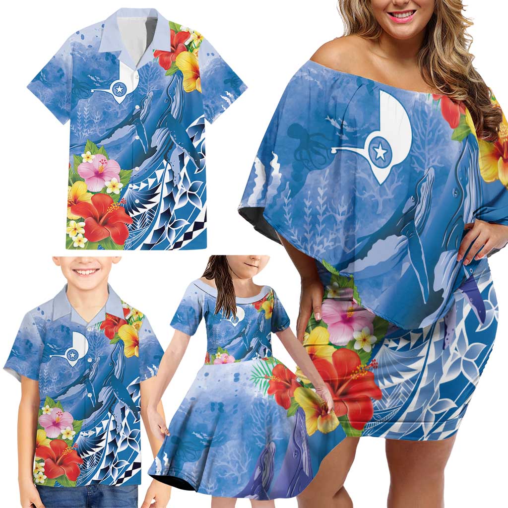 Personalised Yap States Humpback Whale Family Matching Off Shoulder Short Dress and Hawaiian Shirt Polynesian Tropical Flowers