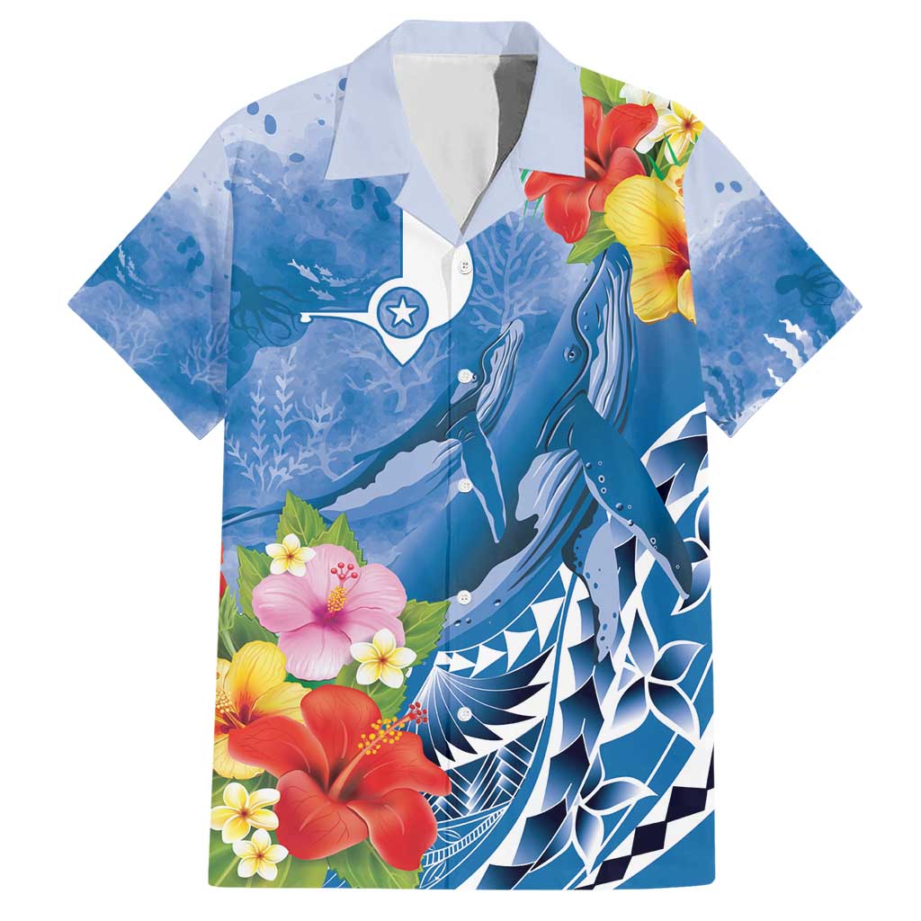 Personalised Yap States Humpback Whale Hawaiian Shirt Polynesian Tropical Flowers LT9 Blue - Polynesian Pride