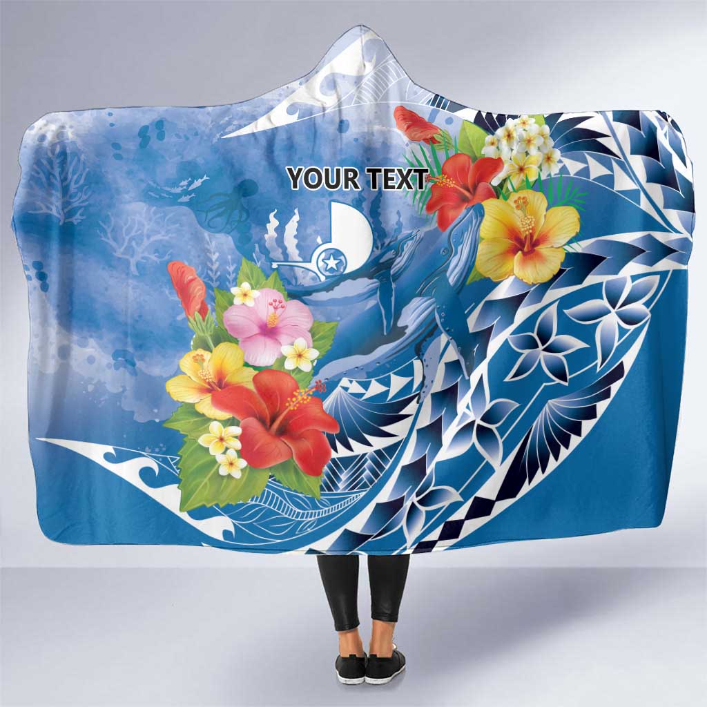 Personalised Yap States Humpback Whale Hooded Blanket Polynesian Tropical Flowers LT9 One Size Blue - Polynesian Pride