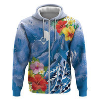 Personalised Yap States Humpback Whale Hoodie Polynesian Tropical Flowers LT9 Zip Hoodie Blue - Polynesian Pride