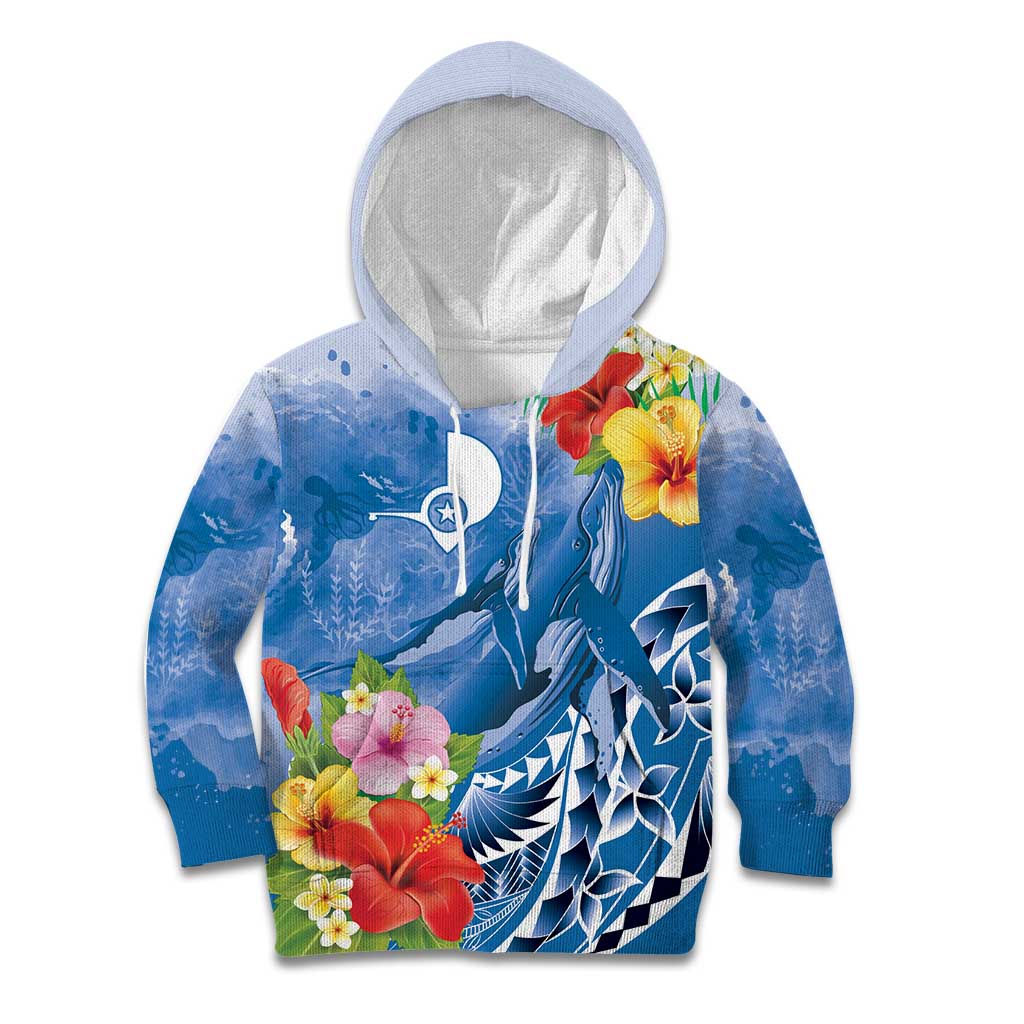 Personalised Yap States Humpback Whale Kid Hoodie Polynesian Tropical Flowers LT9 Hoodie Blue - Polynesian Pride