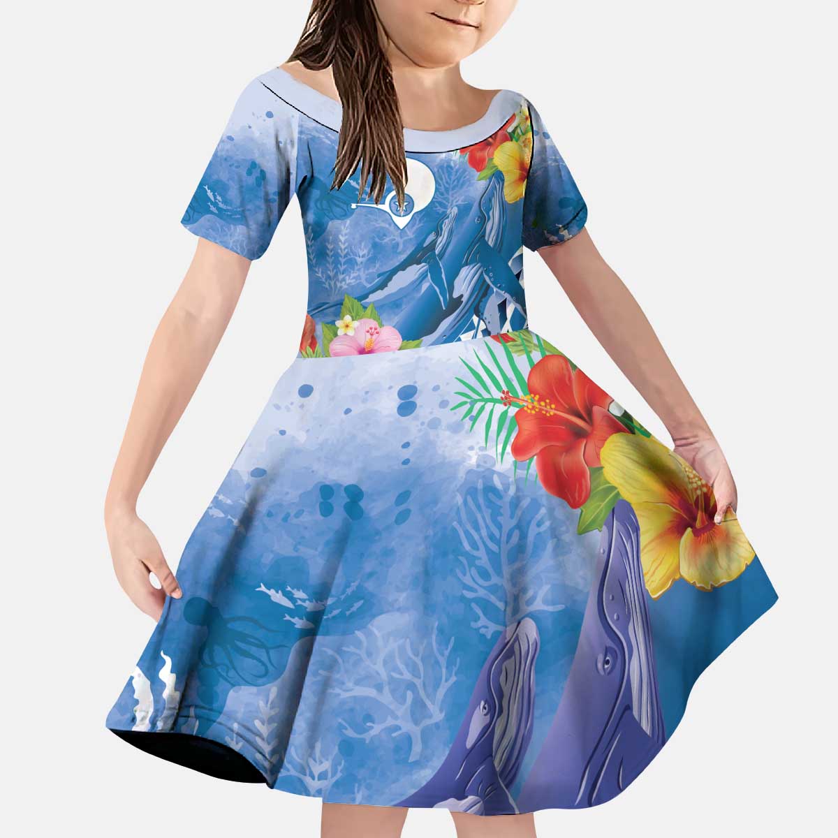 Personalised Yap States Humpback Whale Kid Short Sleeve Dress Polynesian Tropical Flowers LT9 KID Blue - Polynesian Pride