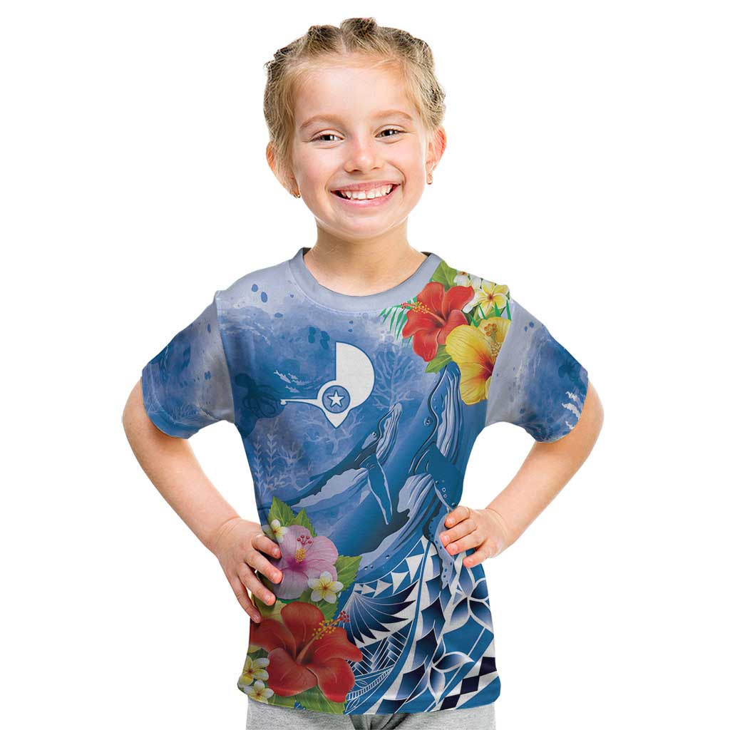 Personalised Yap States Humpback Whale Kid T Shirt Polynesian Tropical Flowers LT9 Blue - Polynesian Pride