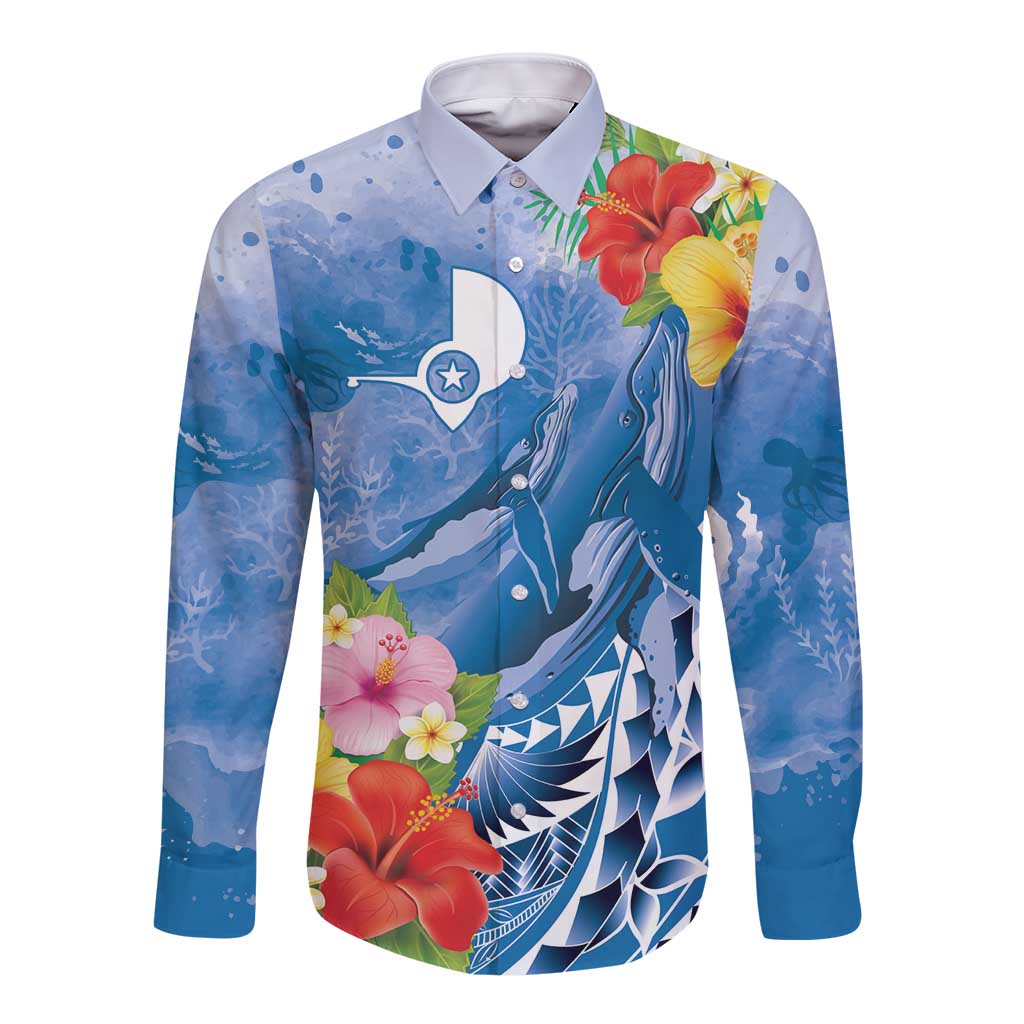 Personalised Yap States Humpback Whale Long Sleeve Button Shirt Polynesian Tropical Flowers LT9 Unisex Blue - Polynesian Pride