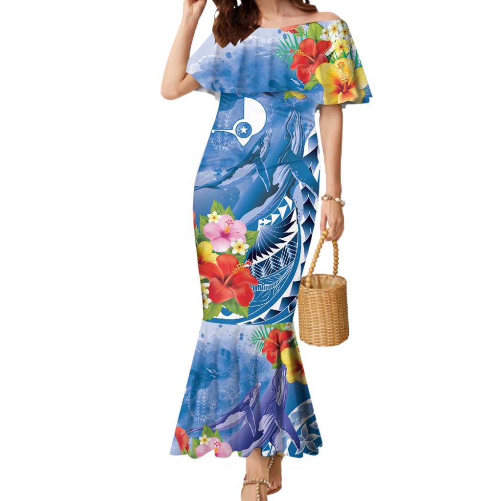 Personalised Yap States Humpback Whale Mermaid Dress Polynesian Tropical Flowers LT9 Women Blue - Polynesian Pride