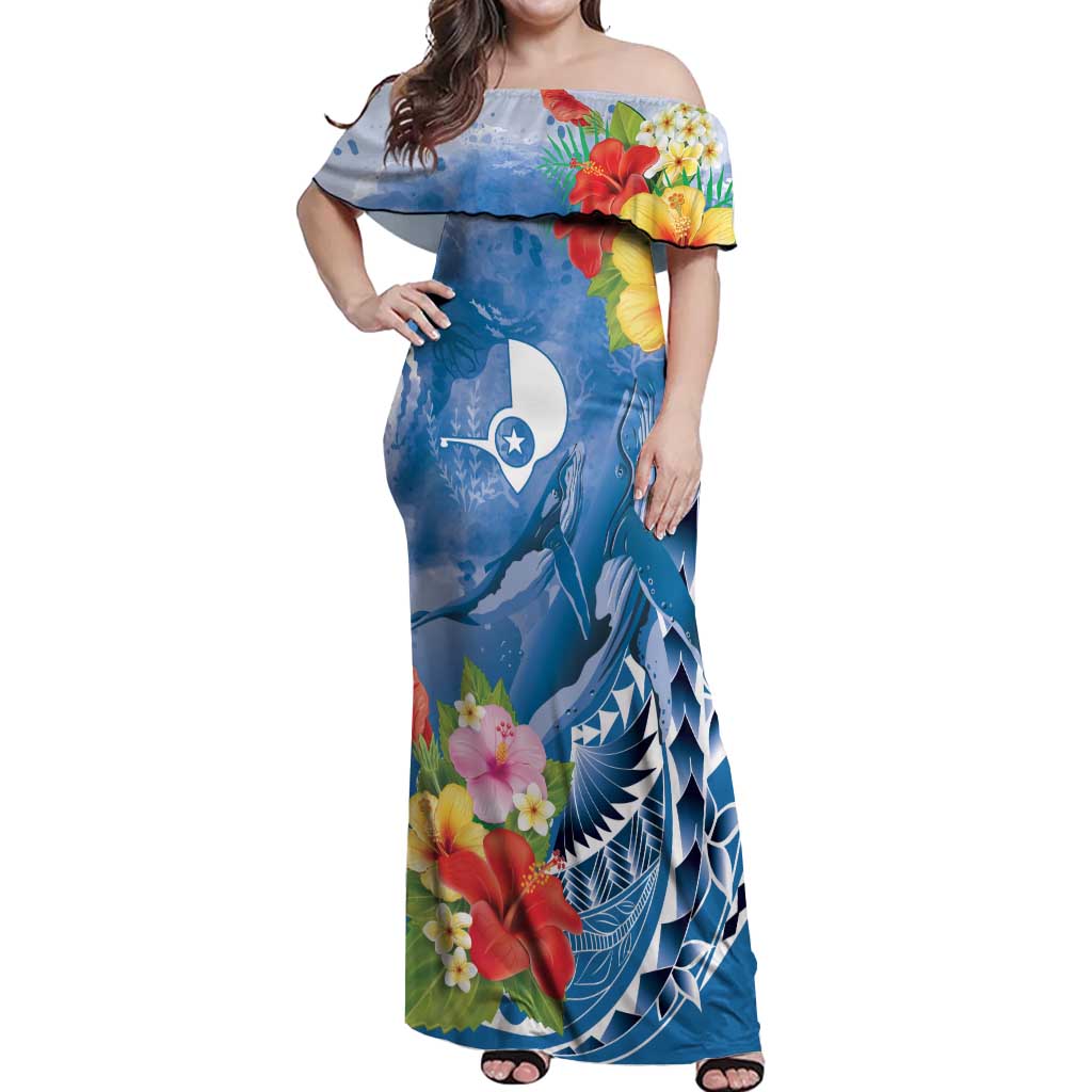 Personalised Yap States Humpback Whale Off Shoulder Maxi Dress Polynesian Tropical Flowers LT9 Women Blue - Polynesian Pride