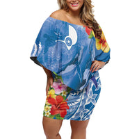 Personalised Yap States Humpback Whale Off Shoulder Short Dress Polynesian Tropical Flowers LT9 Women Blue - Polynesian Pride