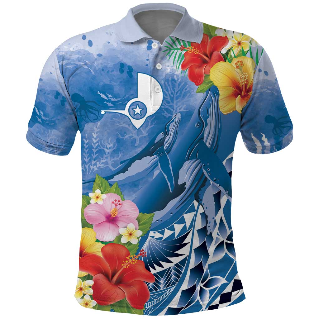 Personalised Yap States Humpback Whale Polo Shirt Polynesian Tropical Flowers