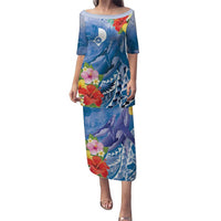 Personalised Yap States Humpback Whale Puletasi Polynesian Tropical Flowers LT9 Long Dress Blue - Polynesian Pride