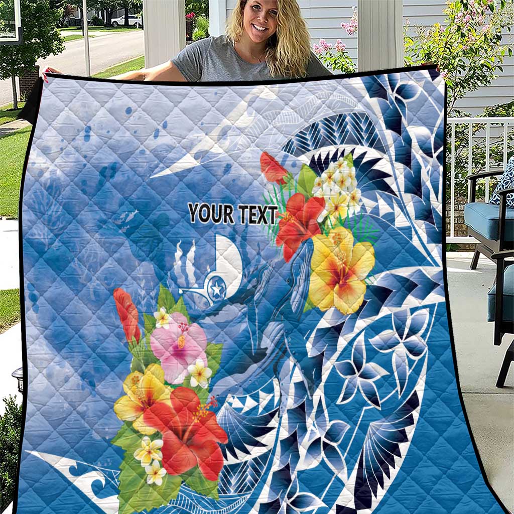 Personalised Yap States Humpback Whale Quilt Polynesian Tropical Flowers LT9 Blue - Polynesian Pride