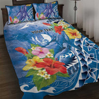 Personalised Yap States Humpback Whale Quilt Bed Set Polynesian Tropical Flowers LT9 Blue - Polynesian Pride