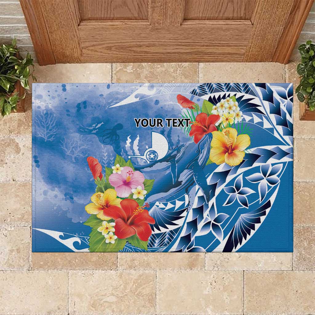 Personalised Yap States Humpback Whale Rubber Doormat Polynesian Tropical Flowers LT9 Blue - Polynesian Pride