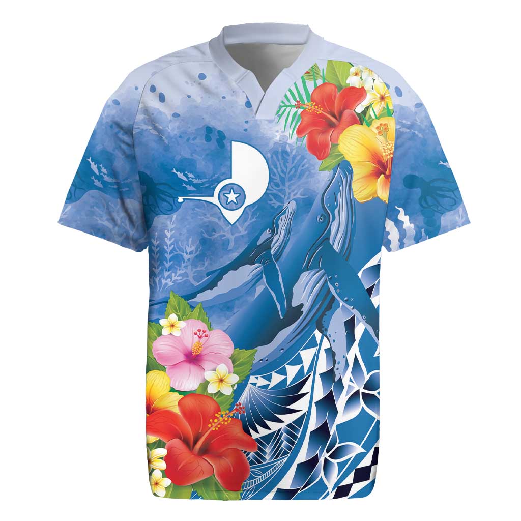 Personalised Yap States Humpback Whale Rugby Jersey Polynesian Tropical Flowers LT9 Blue - Polynesian Pride