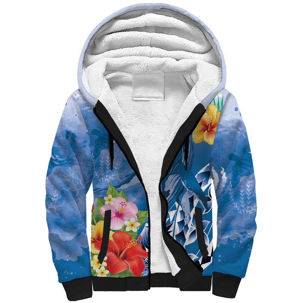 Personalised Yap States Humpback Whale Sherpa Hoodie Polynesian Tropical Flowers