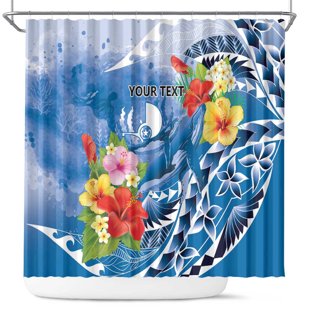 Personalised Yap States Humpback Whale Shower Curtain Polynesian Tropical Flowers LT9 Blue - Polynesian Pride