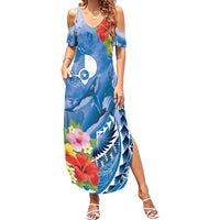 Personalised Yap States Humpback Whale Summer Maxi Dress Polynesian Tropical Flowers LT9 Women Blue - Polynesian Pride