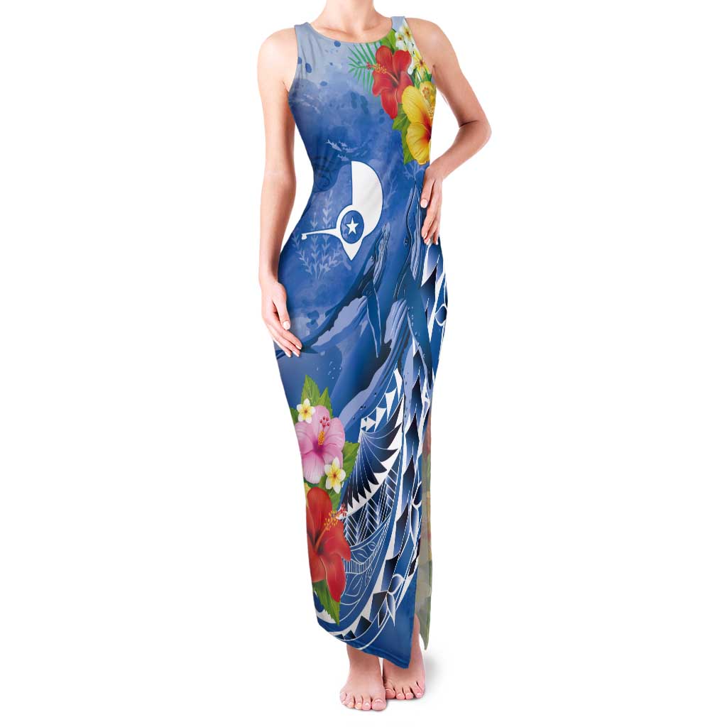 Personalised Yap States Humpback Whale Tank Maxi Dress Polynesian Tropical Flowers LT9 Women Blue - Polynesian Pride