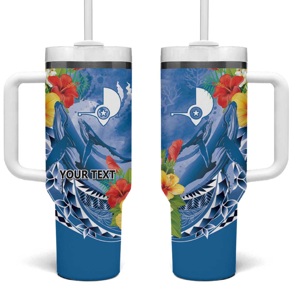 Personalised Yap States Humpback Whale Tumbler With Handle Polynesian Tropical Flowers LT9 One Size: 40 oz Blue - Polynesian Pride