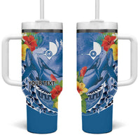 Personalised Yap States Humpback Whale Tumbler With Handle Polynesian Tropical Flowers LT9 One Size: 40 oz Blue - Polynesian Pride