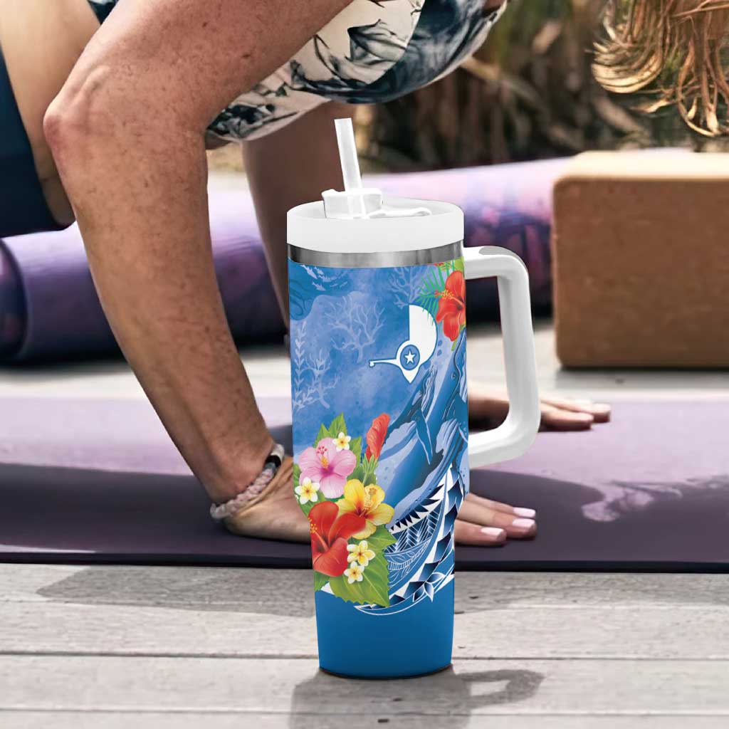 Personalised Yap States Humpback Whale Tumbler With Handle Polynesian Tropical Flowers LT9 - Polynesian Pride