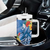 Personalised Yap States Humpback Whale Tumbler With Handle Polynesian Tropical Flowers LT9 - Polynesian Pride