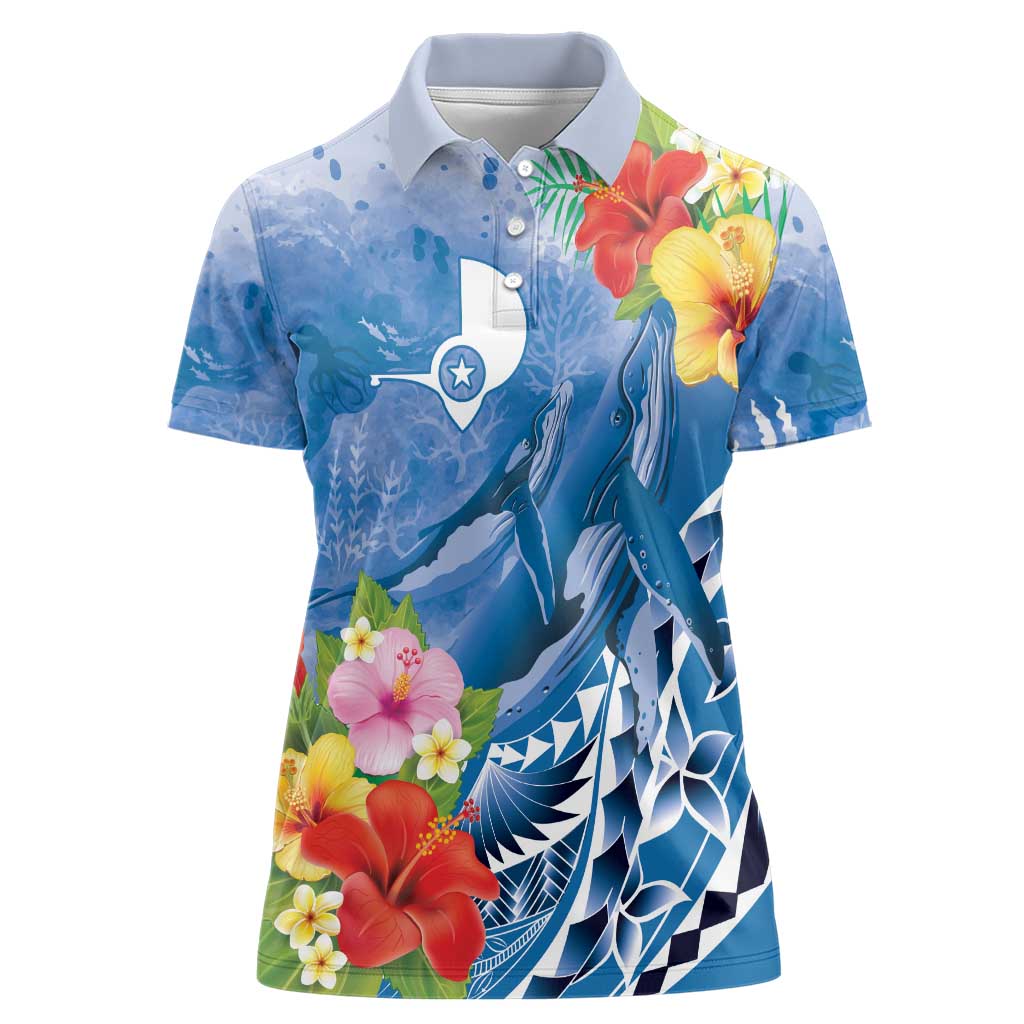 Personalised Yap States Humpback Whale Women Polo Shirt Polynesian Tropical Flowers