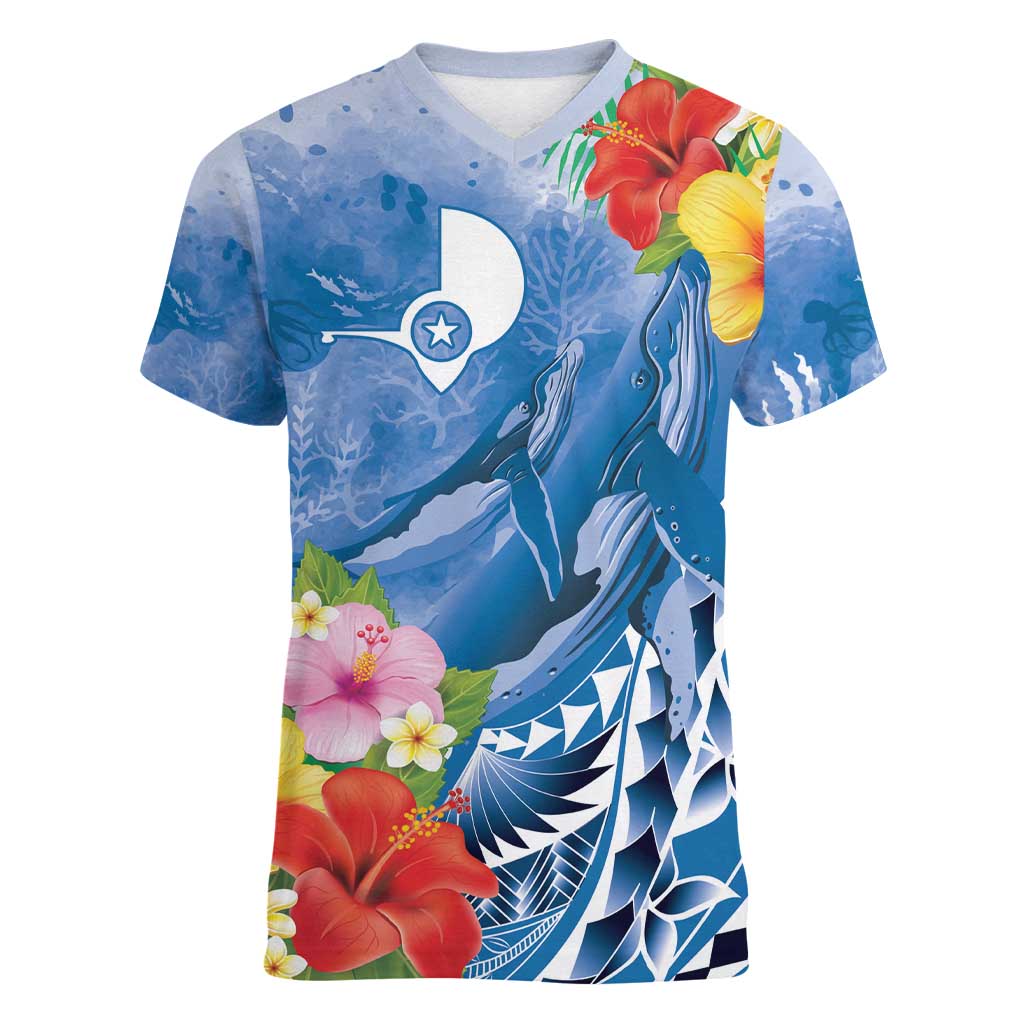 Personalised Yap States Humpback Whale Women V-Neck T-Shirt Polynesian Tropical Flowers