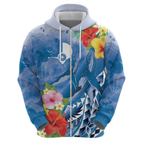 Personalised Yap States Humpback Whale Zip Hoodie Polynesian Tropical Flowers LT9 - Polynesian Pride