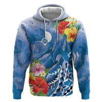 Personalised Yap States Humpback Whale Zip Hoodie Polynesian Tropical Flowers LT9 Pullover Hoodie Blue - Polynesian Pride