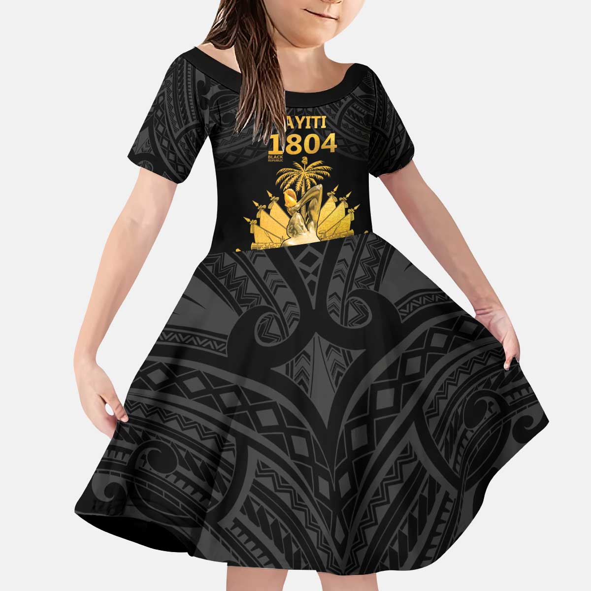 Haitian Negre Marron 1804 Kid Short Sleeve Dress Black Polynesian Pattern LT9 KID Black - Polynesian Pride