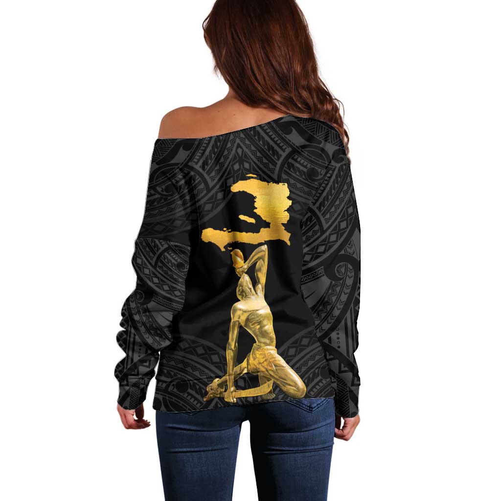 Haitian Negre Marron 1804 Off Shoulder Sweater Black Polynesian Pattern LT9 - Polynesian Pride