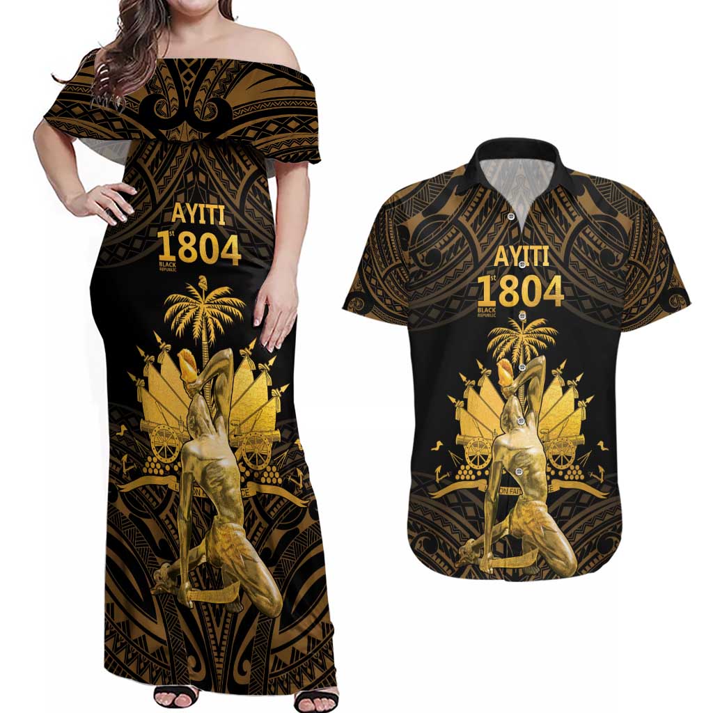 Haitian Negre Marron 1804 Couples Matching Off Shoulder Maxi Dress and Hawaiian Shirt Gold Polynesian Pattern