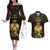 Haitian Negre Marron 1804 Couples Matching Off The Shoulder Long Sleeve Dress and Hawaiian Shirt Gold Polynesian Pattern