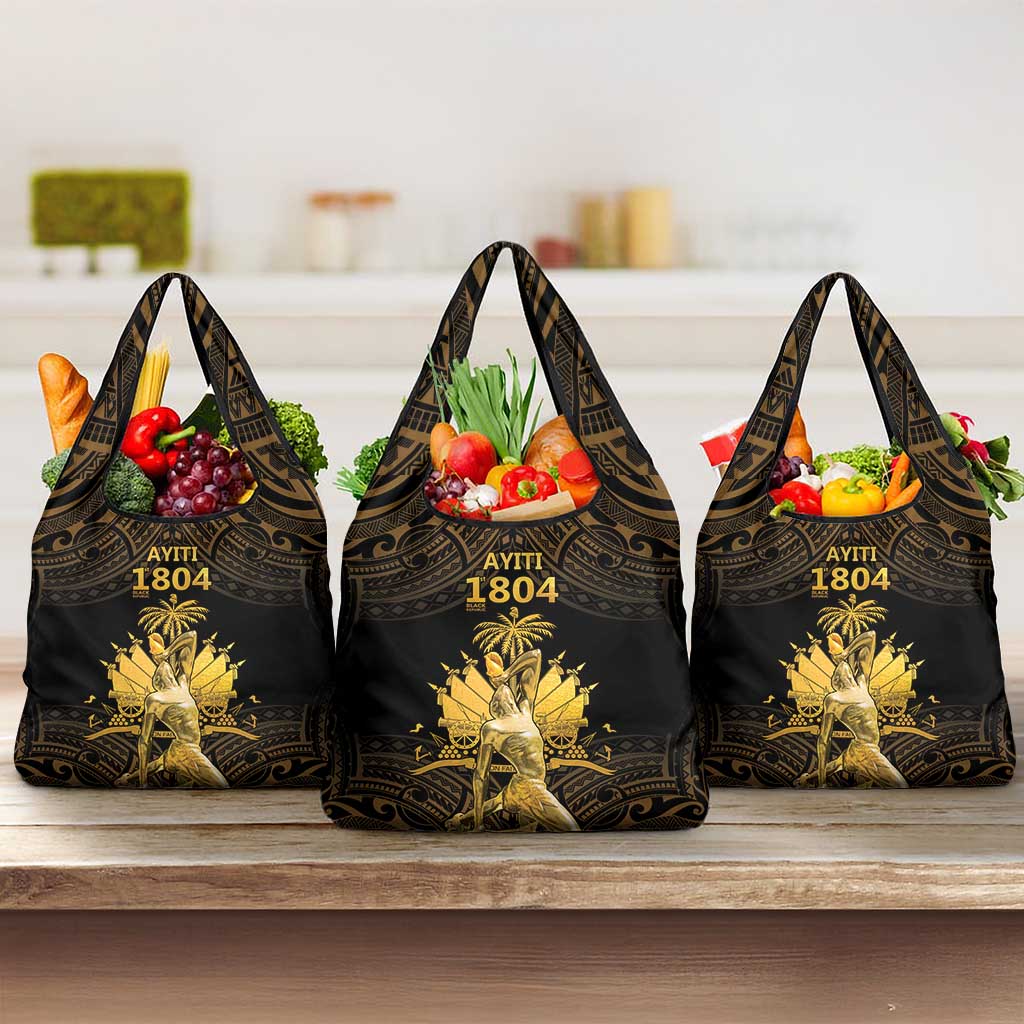 Haitian Negre Marron 1804 Grocery Bag Gold Polynesian Pattern LT9 3-pack One Size Gold - Polynesian Pride