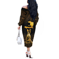 Haitian Negre Marron 1804 Off The Shoulder Long Sleeve Dress Gold Polynesian Pattern LT9 - Polynesian Pride