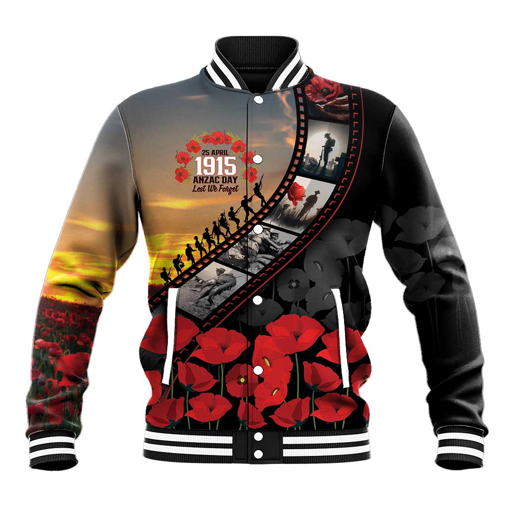 Personalised Remembering ANZAC Lest We Forget Baseball Jacket Vintage Film Frame Memorial Red Poppy LT9 Unisex Red - Polynesian Pride