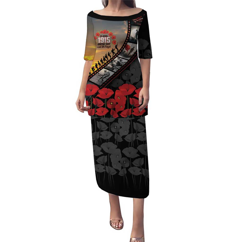 Personalised Remembering ANZAC Lest We Forget Puletasi Vintage Film Frame Memorial Red Poppy LT9 Long Dress Red - Polynesian Pride