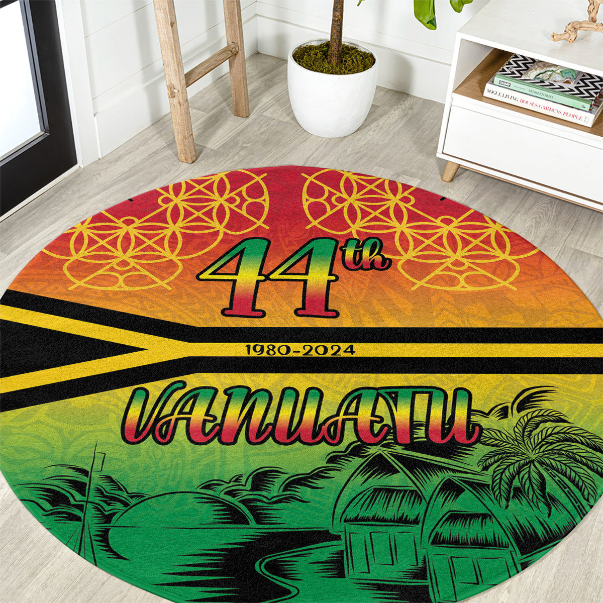 Hapi 44th Indipendens Dei Vanuatu Round Carpet Yumi 1980 with Vanuatuan Beach Landscape LT9 Reggae - Polynesian Pride