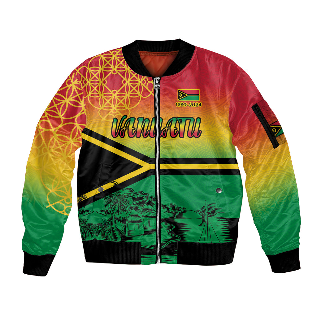 Hapi 44th Indipendens Dei Vanuatu Sleeve Zip Bomber Jacket Yumi 1980 with Vanuatuan Beach Landscape LT9 Unisex Reggae - Polynesian Pride