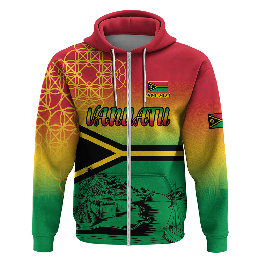 Hapi 44th Indipendens Dei Vanuatu Zip Hoodie Yumi 1980 with Vanuatuan Beach Landscape LT9 Zip Hoodie Reggae - Polynesian Pride