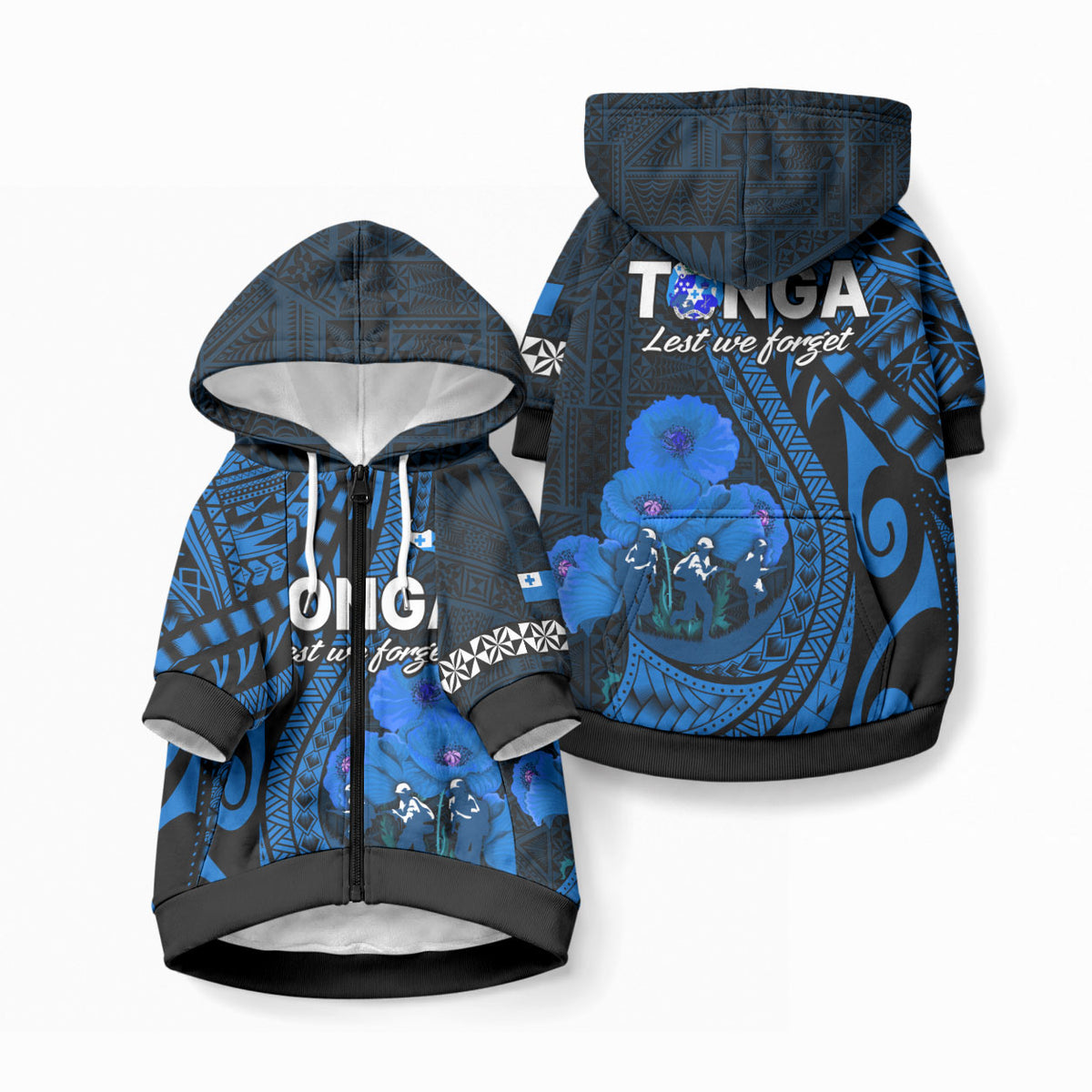 Tonga ANZAC Day Pet Hoodie Lest We Forget Blue Version LT9 Zip-up Blue - Polynesian Pride