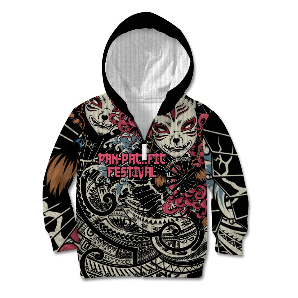 Personalized Japanese Kitsune Mask Kid Hoodie With Polynesian Arty Style LT9 Zip Hoodie Black - Polynesian Pride