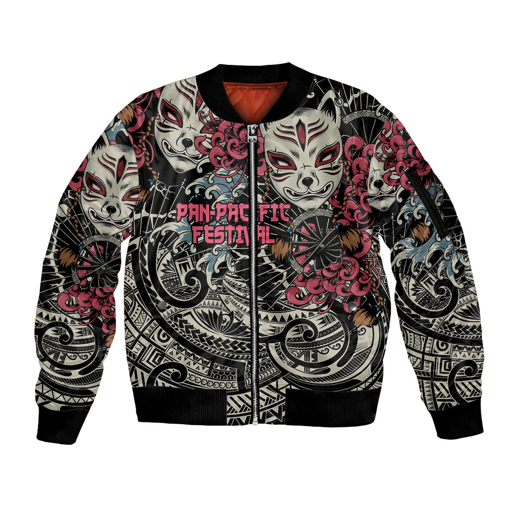 Personalized Japanese Kitsune Mask Sleeve Zip Bomber Jacket With Polynesian Arty Style LT9 Unisex Black - Polynesian Pride