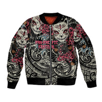 Personalized Japanese Kitsune Mask Sleeve Zip Bomber Jacket With Polynesian Arty Style LT9 Unisex Black - Polynesian Pride