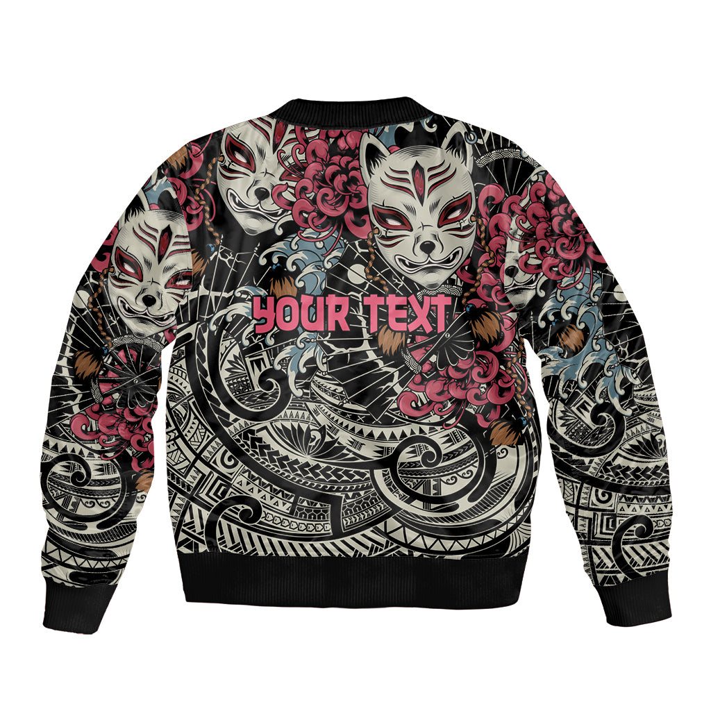 Personalized Japanese Kitsune Mask Sleeve Zip Bomber Jacket With Polynesian Arty Style LT9 - Polynesian Pride