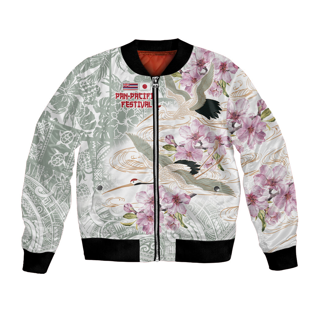 Personalized Japanese Shirasagi Bird Bomber Jacket Sakura and Hibiscus Polynesian Pattern LT9 Unisex White - Polynesian Pride