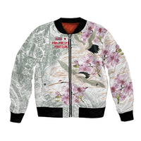 Personalized Japanese Shirasagi Bird Bomber Jacket Sakura and Hibiscus Polynesian Pattern LT9 Unisex White - Polynesian Pride